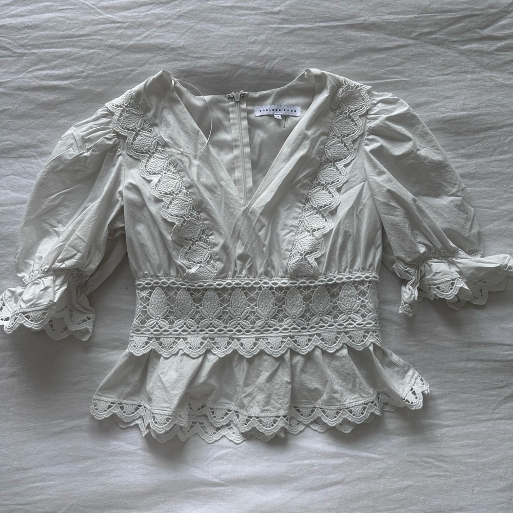 Endless Rose white detailed puff sleeve cinched waist top in Size Small